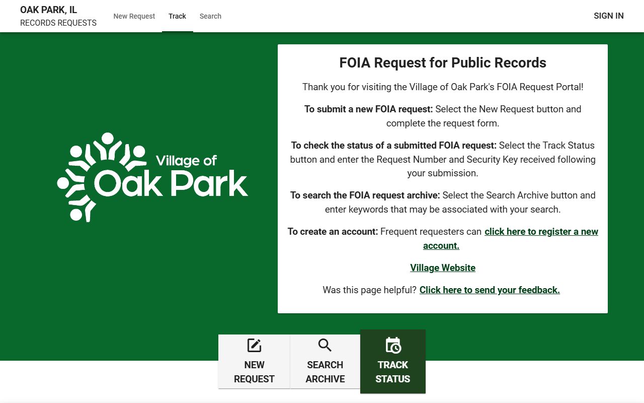 Oak Park JustFOIA portal for submitting public records requests