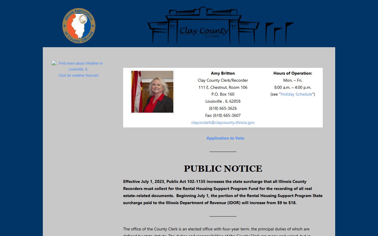 Clay County Clerk and Recorder office for land records and vital records