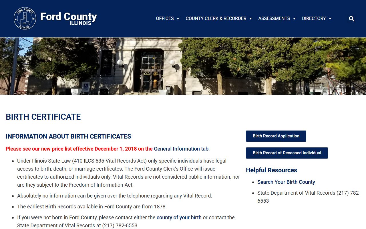 Ford County birth certificate request page for vital records