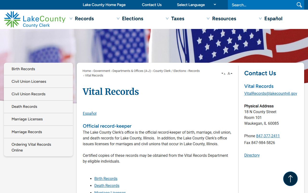 Lake County vital records page for public records