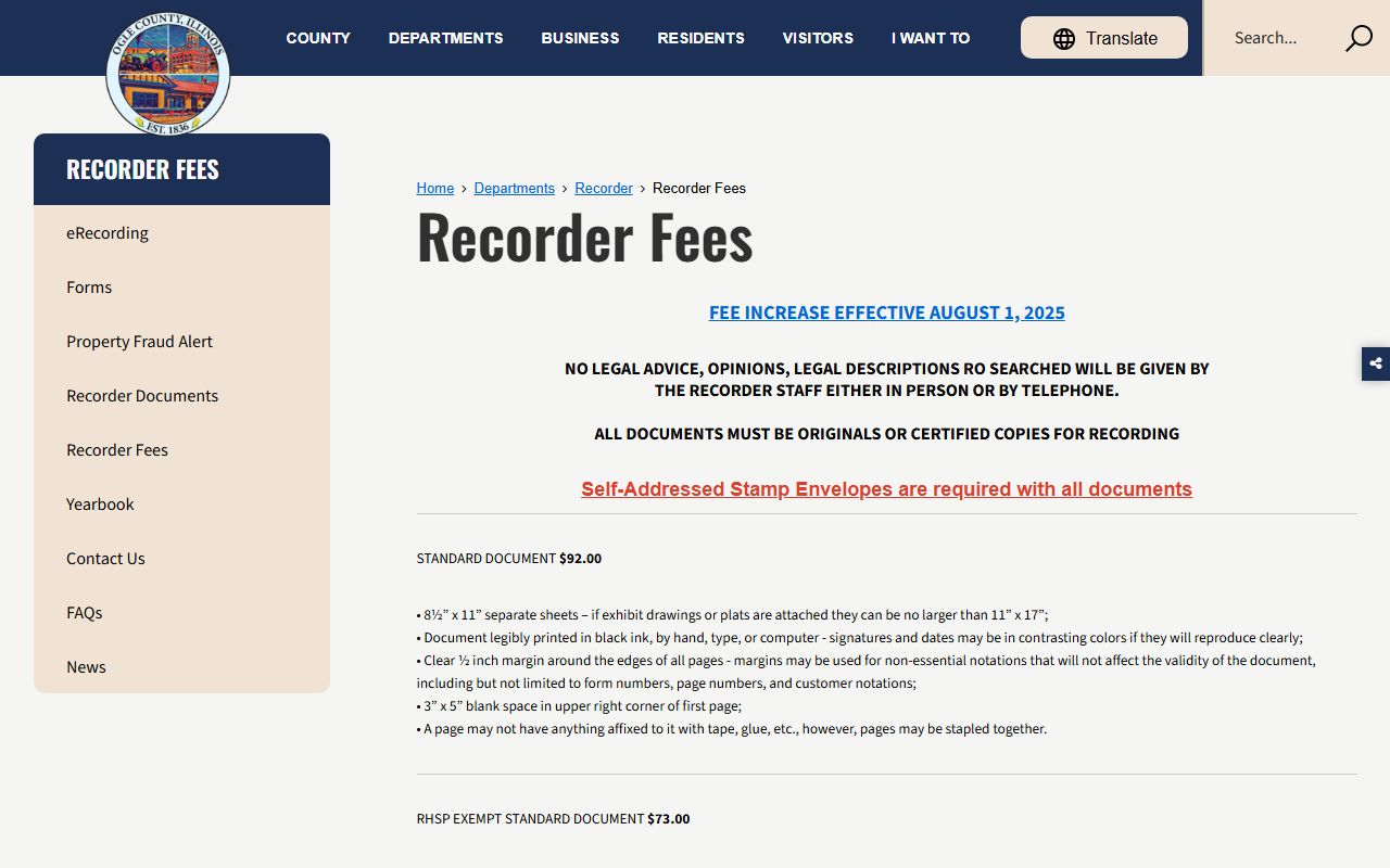 Ogle County Recorder fees page for public records