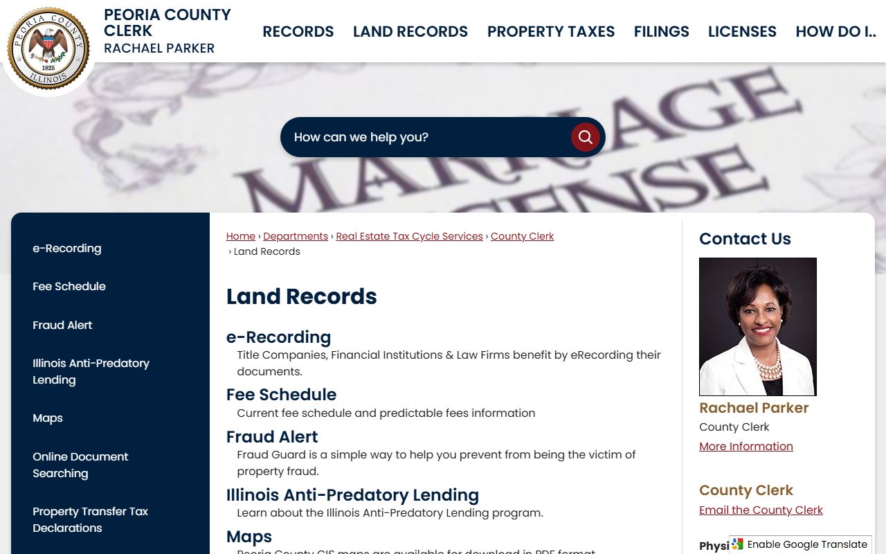 Peoria County land records search page for public records