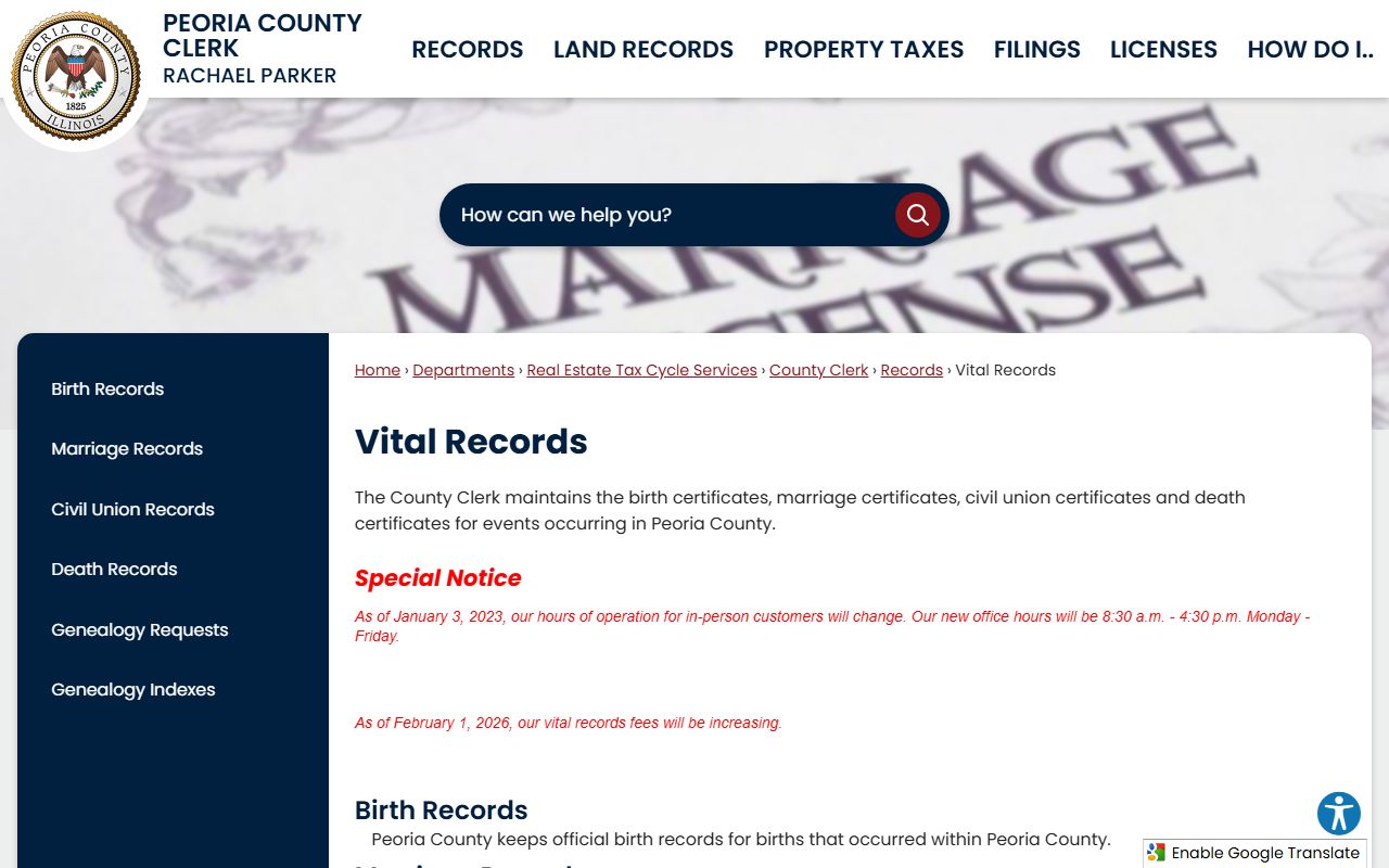 Peoria County vital records page for birth and death certificates