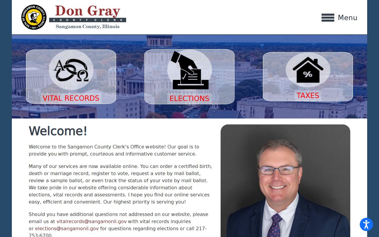 Sangamon County Clerk website for vital records and public services