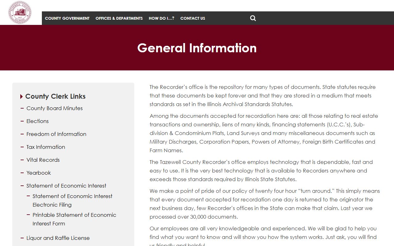 Tazewell County Recorder general information page for land records