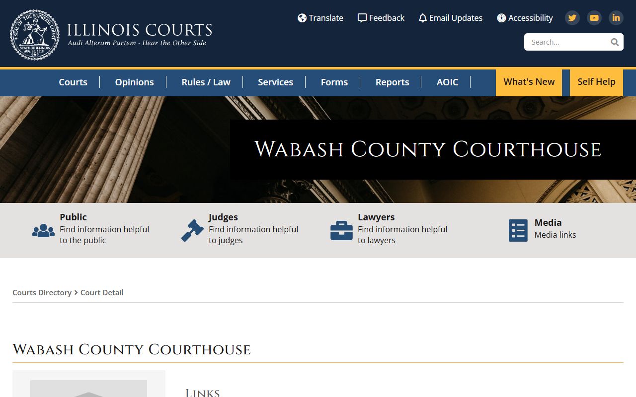 Wabash County Courthouse information page for court records