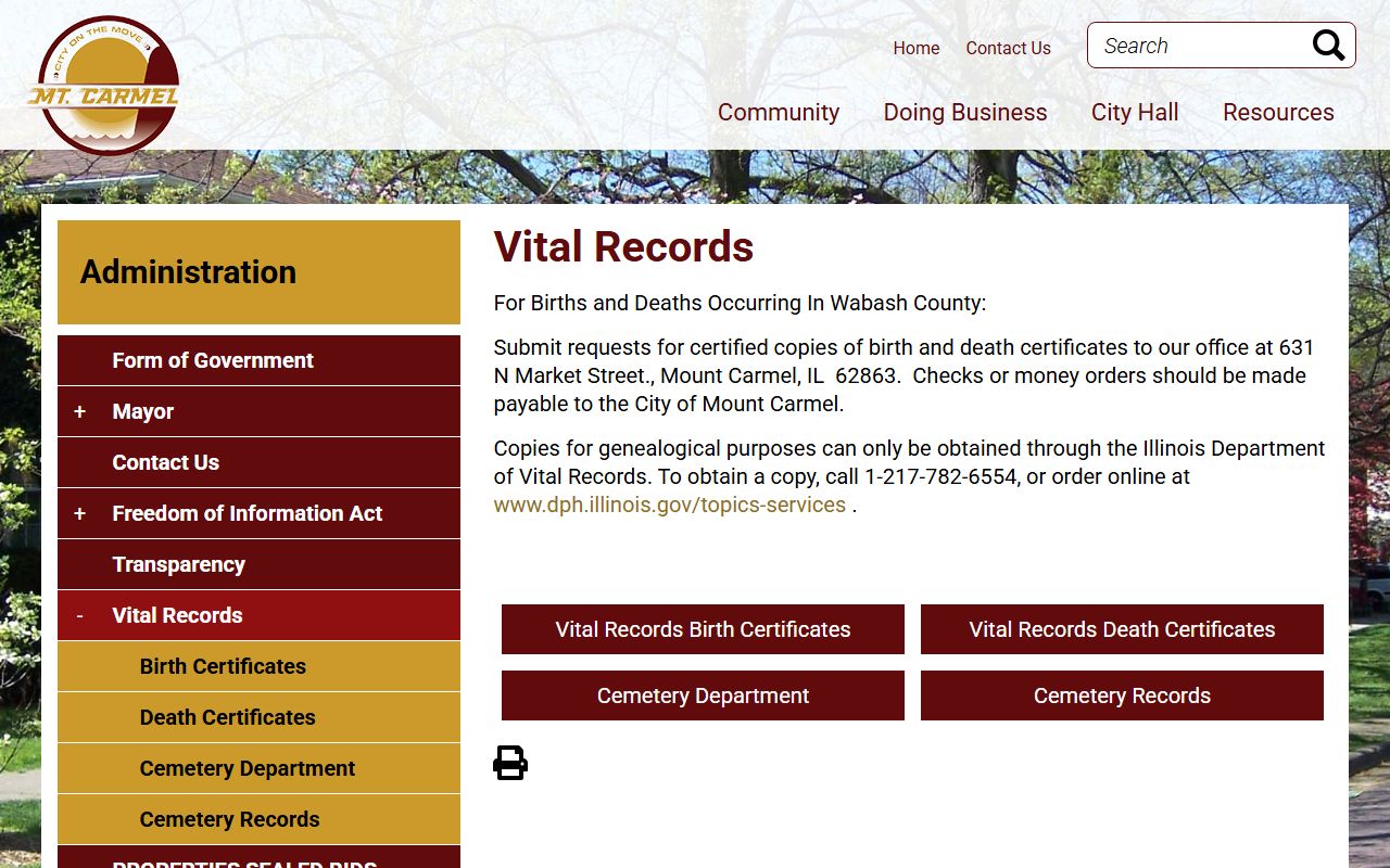 Mount Carmel vital records page for Wabash County certificates