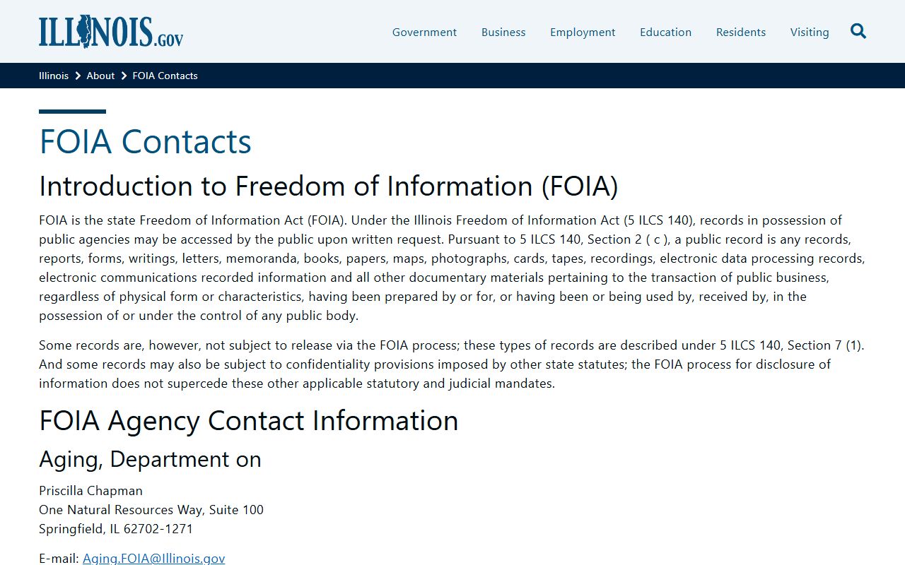 Illinois FOIA contacts page for public records requests