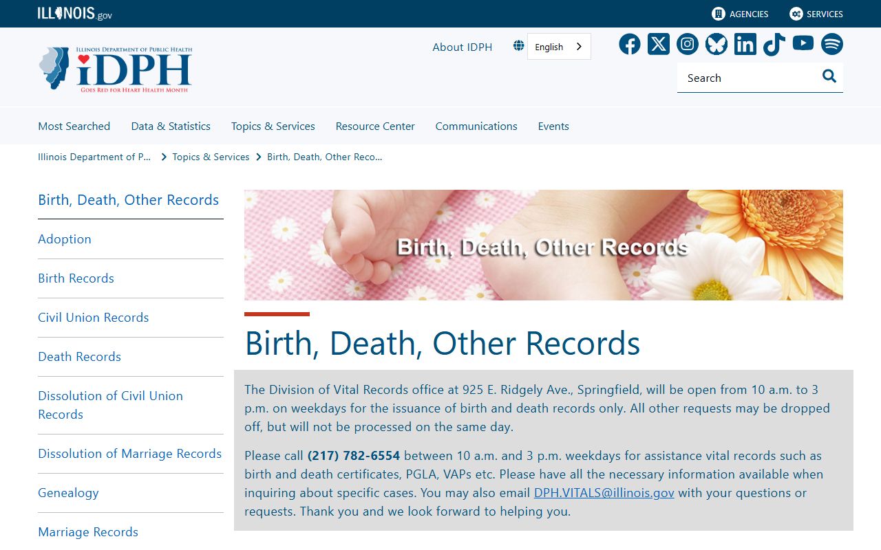 Illinois Department of Public Health vital records information page